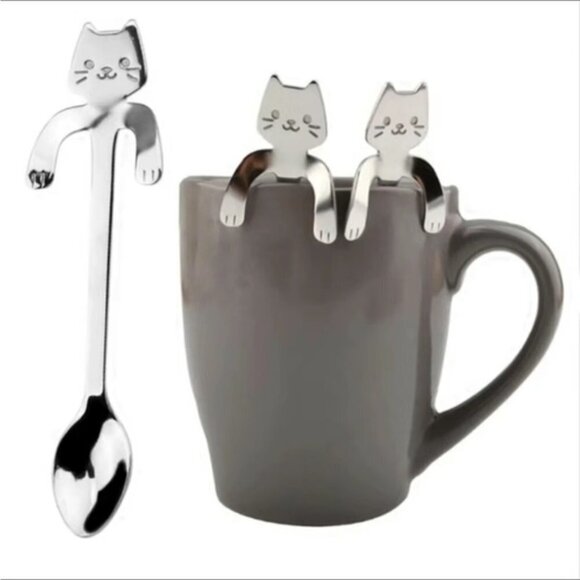 Cat Spoons Tea Spoons Stirrers Cup Hugging Kitty Cats Stainless Steel 2 PC Set - Picture 16 of 16